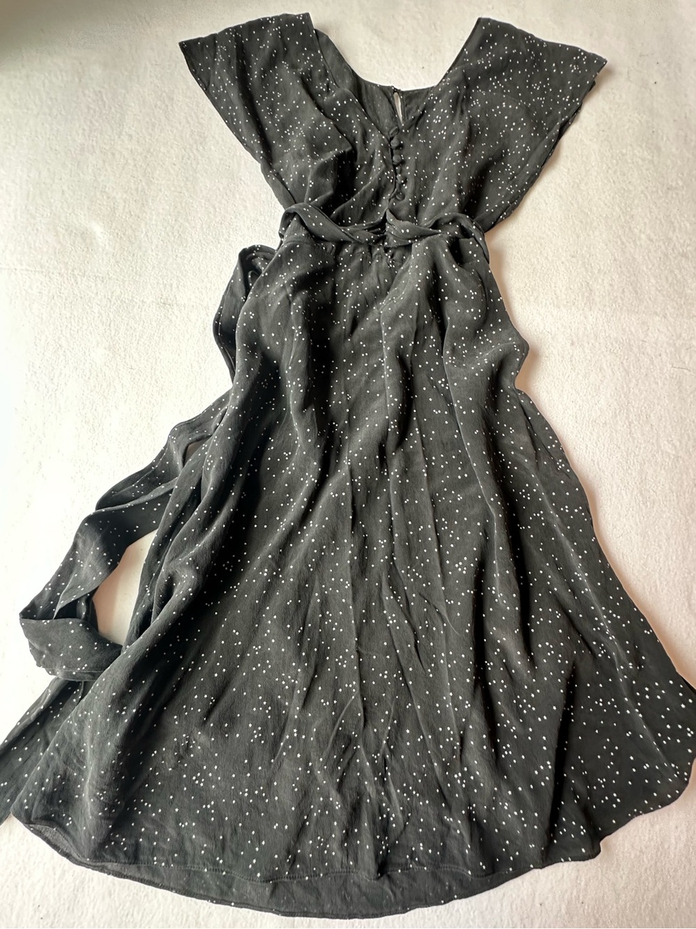 VTG Black Star Print Whimsigoth Fairycore Tie Waist Silk Dress Button Front